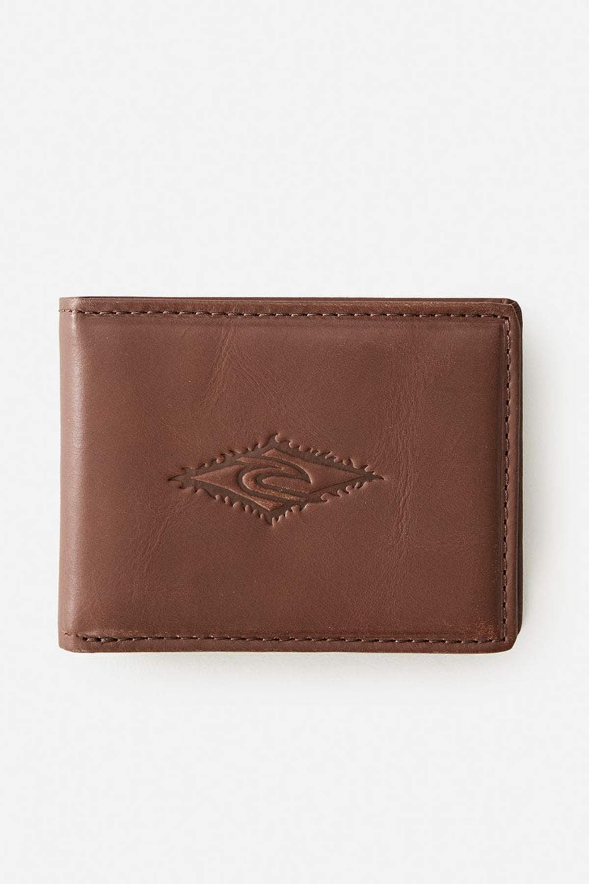 The Rip Curl Raw Energy RFID Slim Wallet is a slim buff cow leather wallet with visible stitching and an embossed geometric center design, shown closed against a plain white background.
