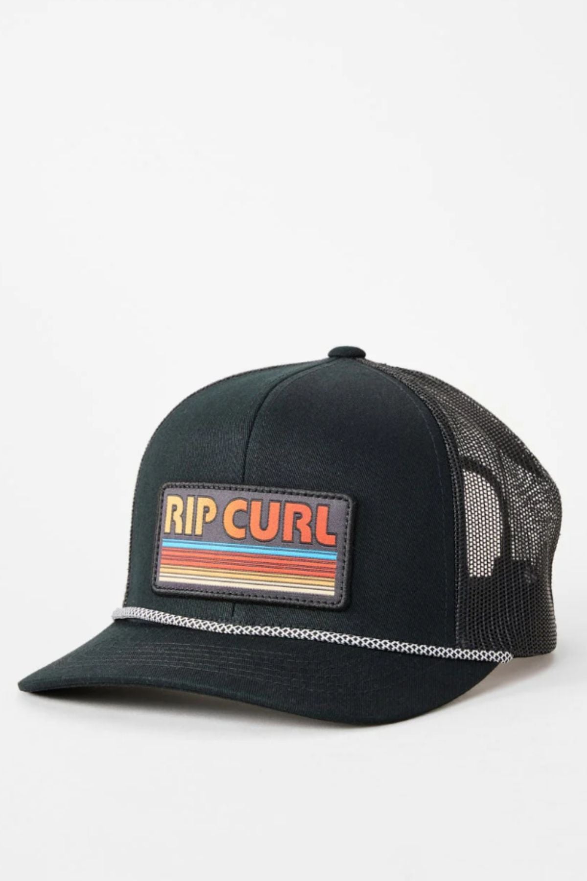 A black Rip Curl Surf Revival Trucker hat featuring a stylish patch on the front.