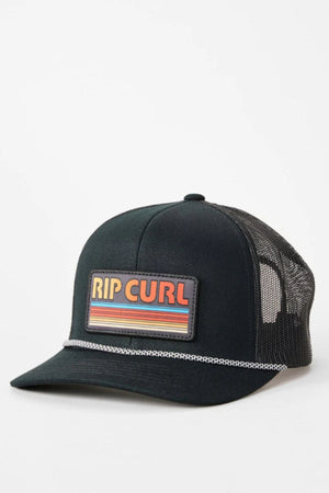 A black Rip Curl Surf Revival Trucker hat featuring a stylish patch on the front.