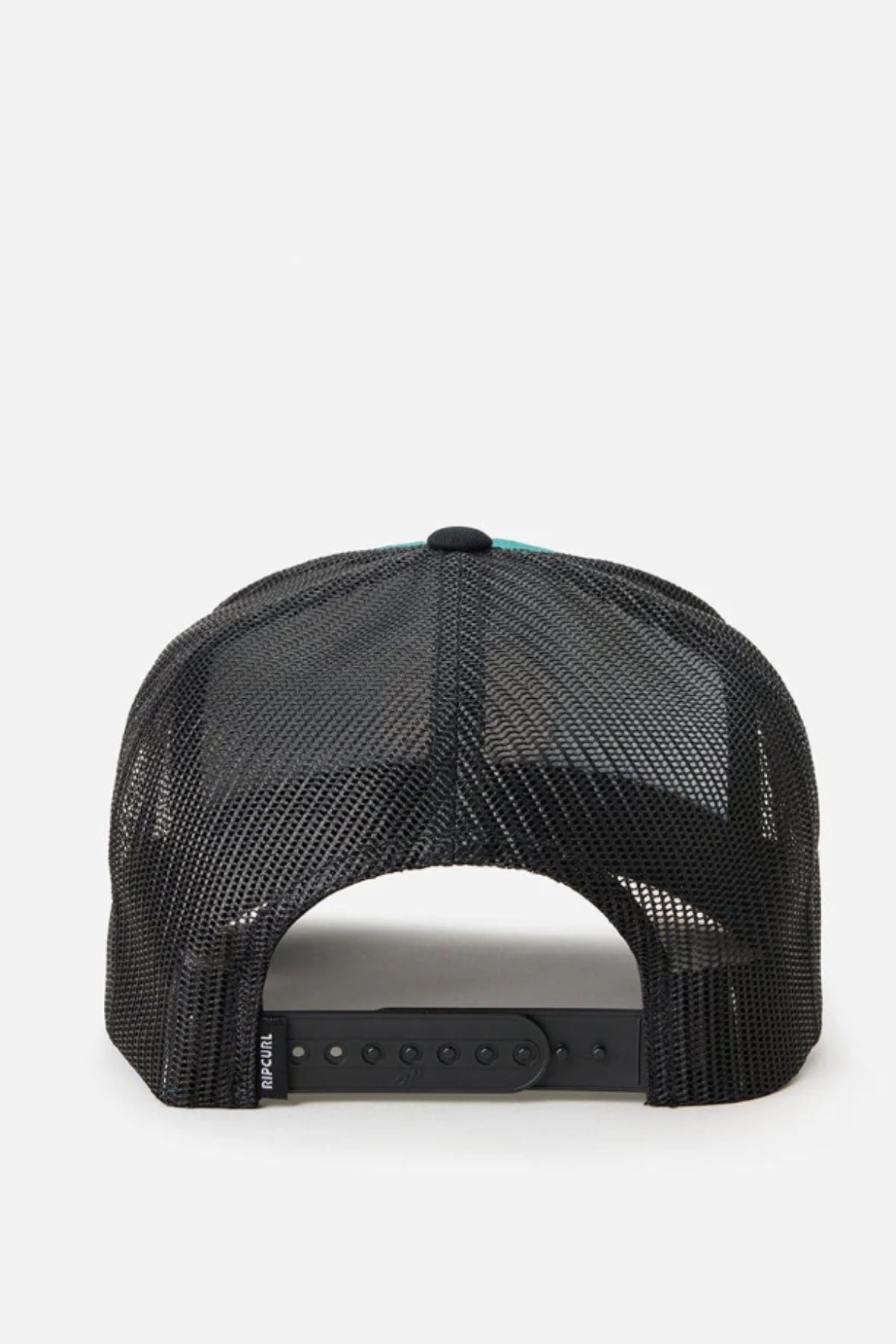 The black Rip Curl Surf Revival Trucker hat is shown from the back, featuring an adjustable plastic snap closure and a small side tag on the left.