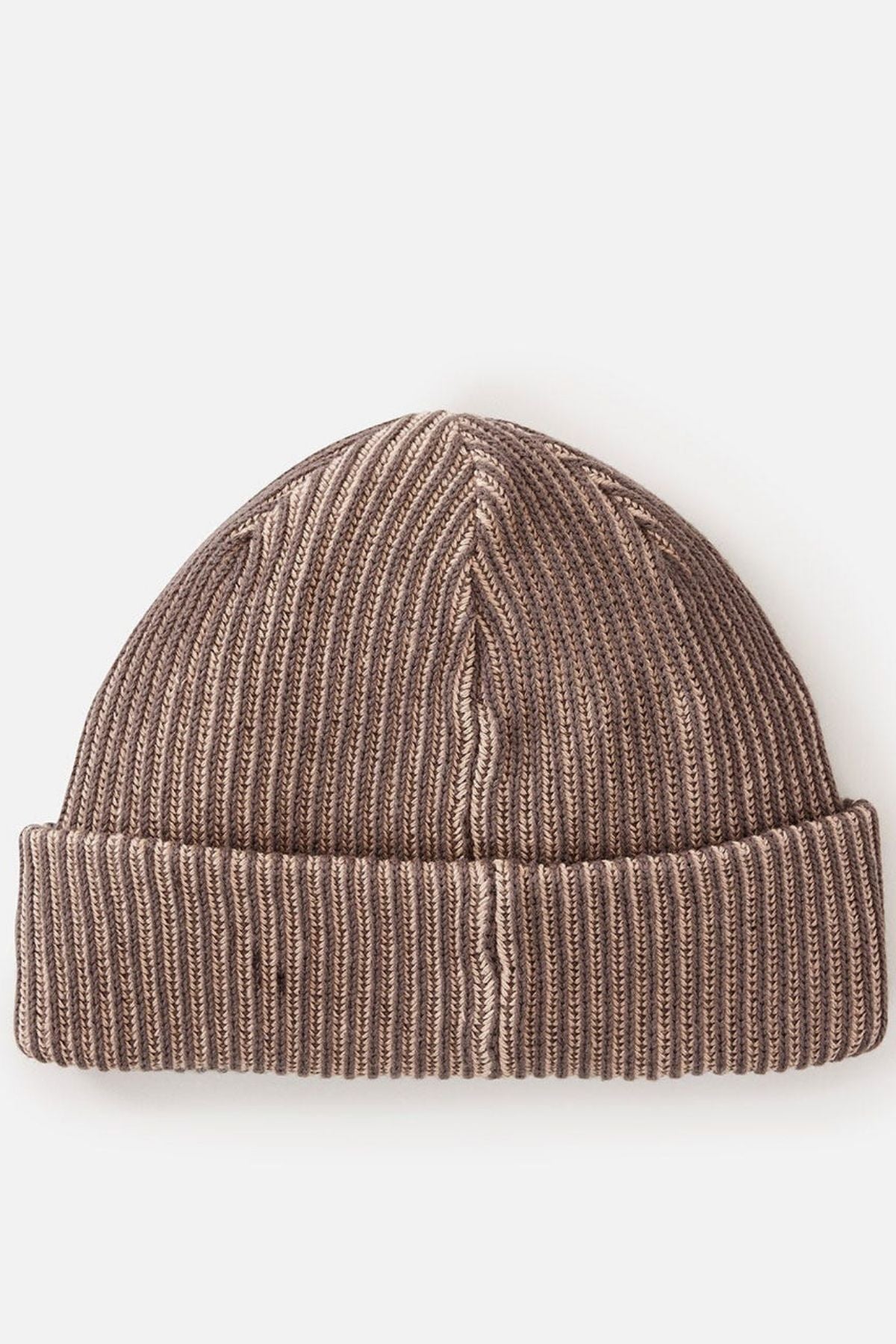 The Rip Curl Search Chunky Reg Beanie is a brown ribbed knit beanie with a folded brim, shown against a white background.