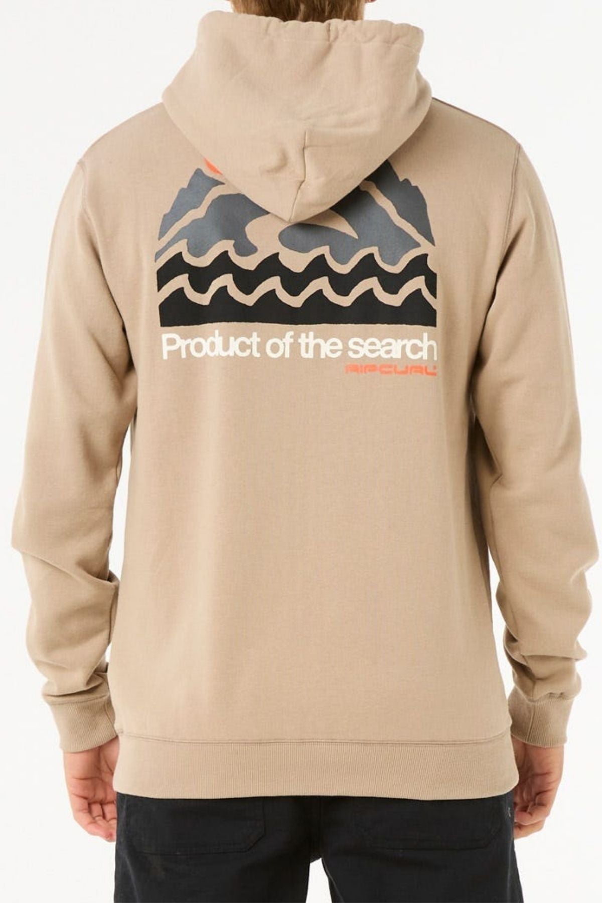 A person wears the Rip Curl Search Zip Thru Hood in beige, featuring stylized black waves and mountains on the back, "Product of the search" text, a small Rip Curl logo, and a metal zipper closure.