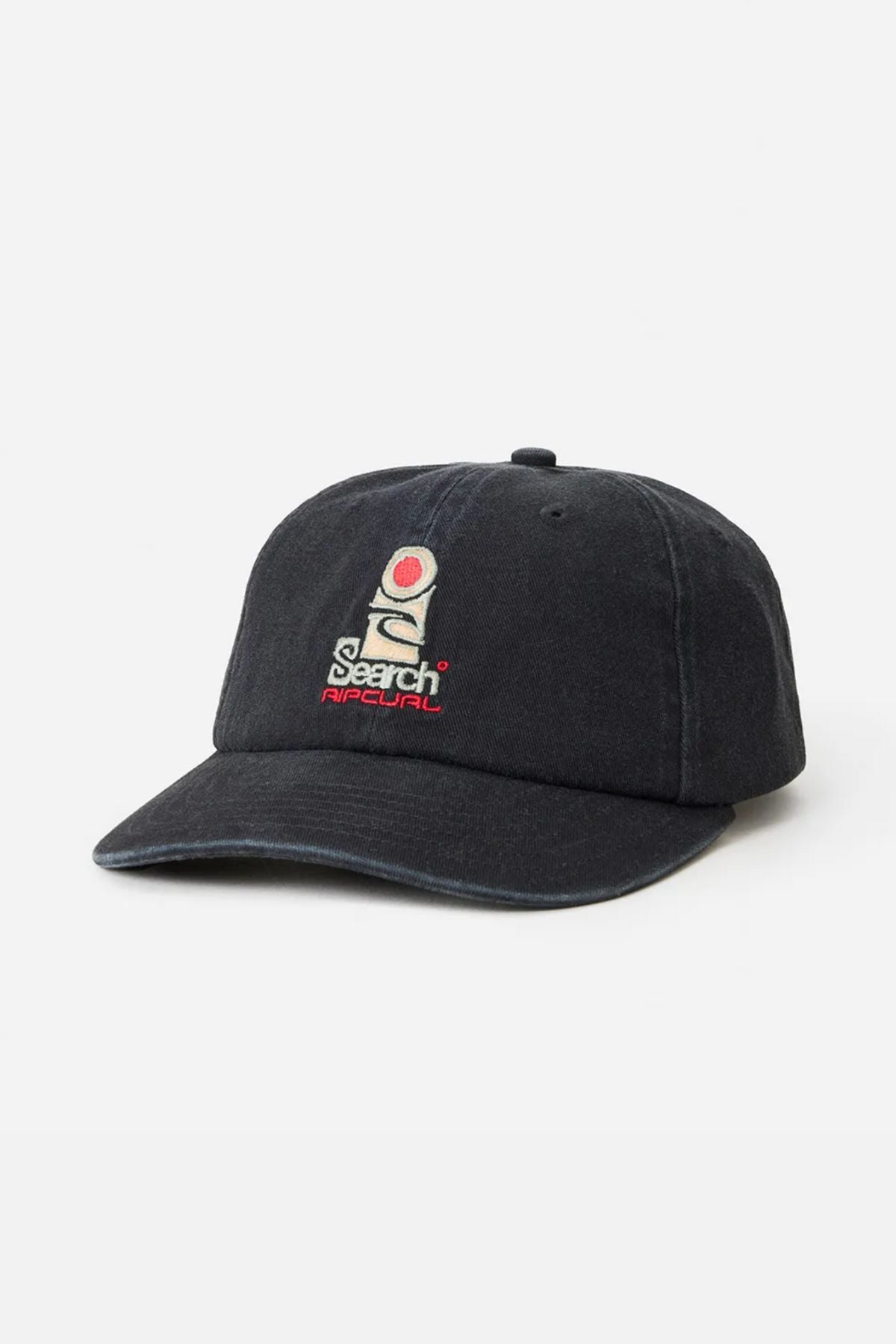 The Rip Curl Searchers SB Cap is a black cotton twill hat with an embroidered "Search Rip Curl" graphic in red and beige on the front. This unstructured cap features a curved brim and a top button.