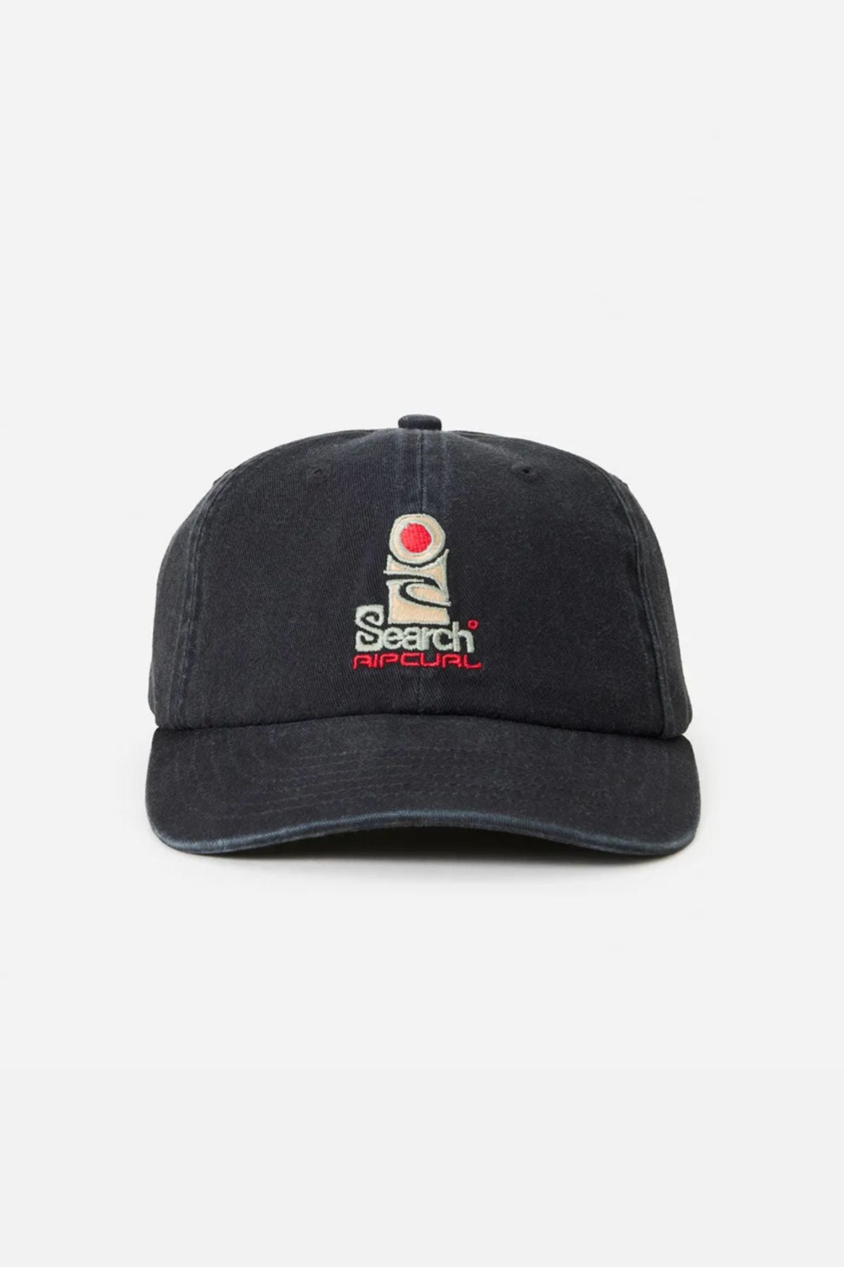 The Rip Curl Searchers SB Cap is a black unstructured cotton twill hat featuring an embroidered white figure and red dot above "Search Aircell" on the front, shown against a plain white background.