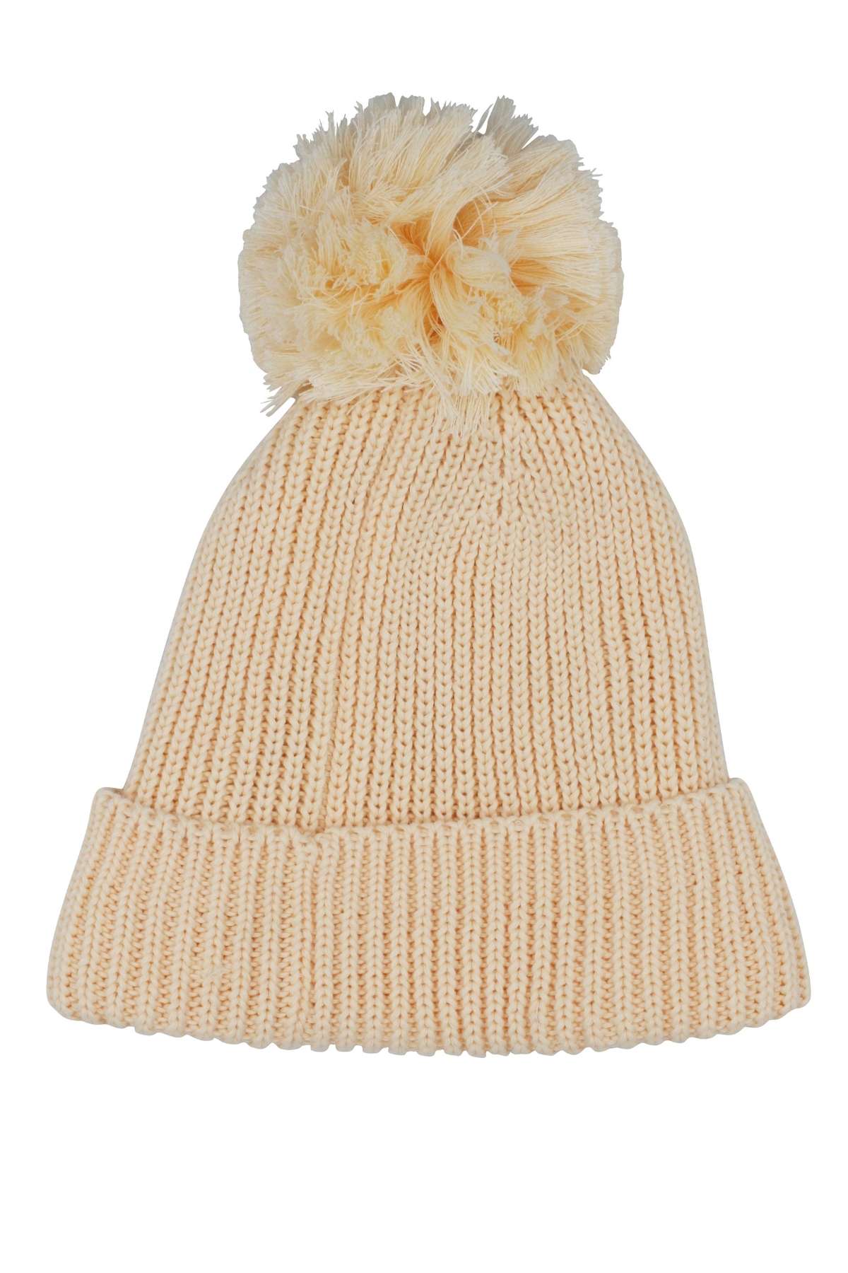 Introducing the Rip Curl Sol Seeker Pom Pom Beanie: a knitted beige hat featuring a large pom-pom on top. Its folded brim includes recycled polyester, enhancing both warmth and coziness, while the ribbed texture contributes to its snug, winter-ready design.