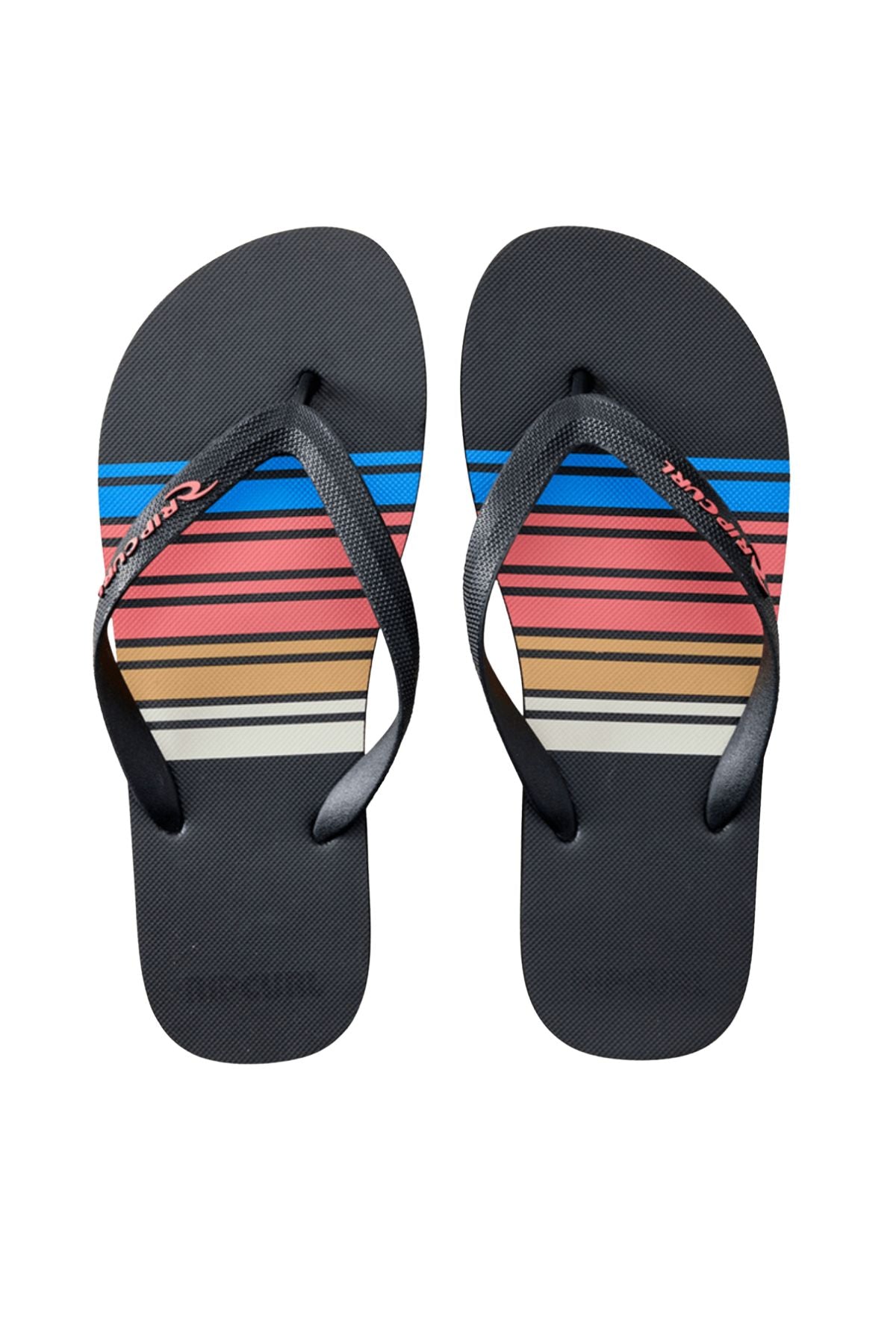 The Rip Curl Surf Revival Bloom Thongs feature ergonomic black rubber straps and a premium EVA footbed with colorful horizontal stripes in blue, orange, pink, red, yellow, and white.