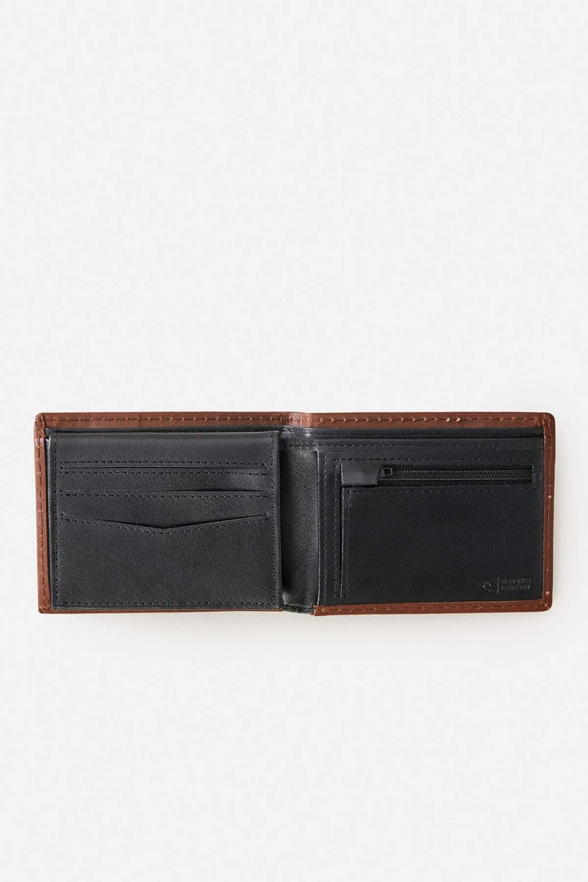The Rip Curl Surf Revival RFID All Day Wallet, shown open on a white background, features brown and black leather, multiple card slots on the left, a zippered pocket on the right, and RFID protection to help safeguard your cards.
