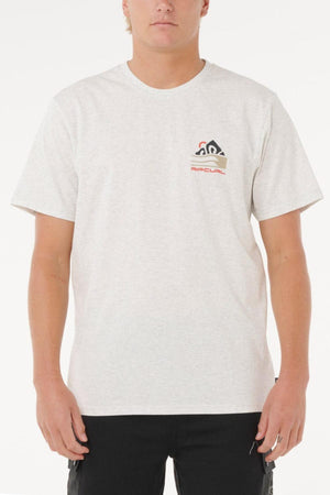 Someone wears a light gray Rip Curl Vaporcool Search Range Tee, featuring short sleeves, a small left chest logo and text, and moisture-wicking comfort, standing against a plain white background.