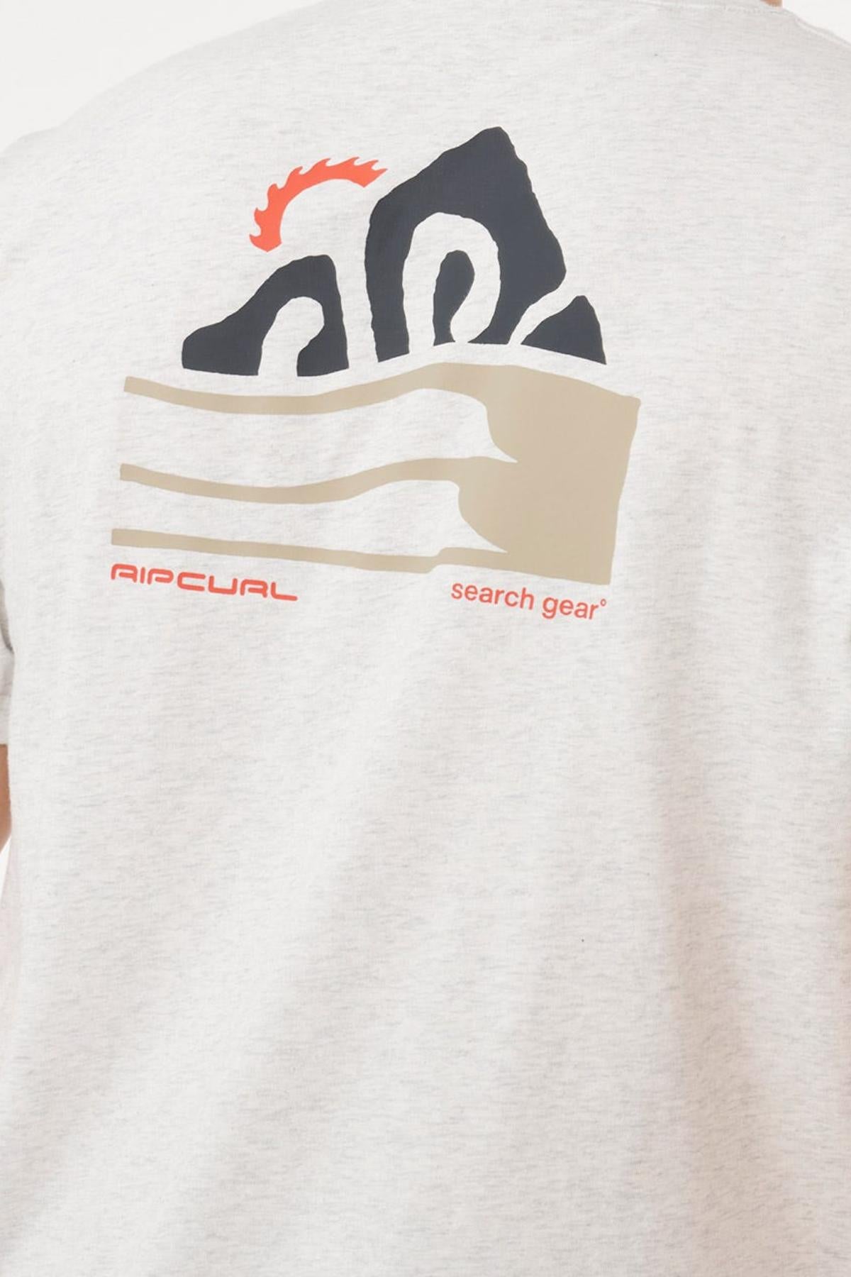 Back of the Rip Curl Vaporcool Search Range Tee in light gray with a black, red, and beige mountain, wave, and sun graphic. "RIP CURL" and "search gear" are printed in red below. Features moisture-wicking Vaporcool fabric.