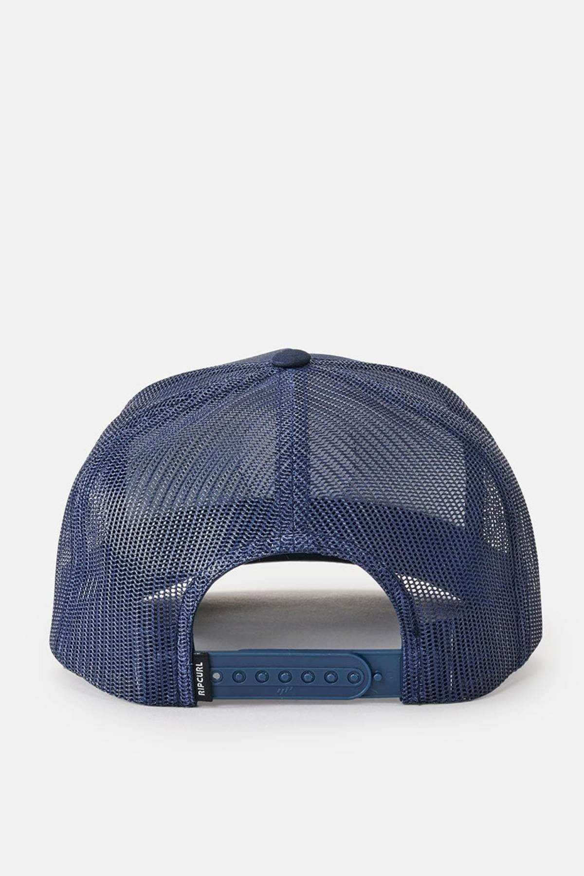 The Rip Curl Wetsuit Icon Trucker is displayed from the back, showcasing an adjustable snap closure. Its navy blue mesh design, made from recycled polyester, improves breathability and comfort.
