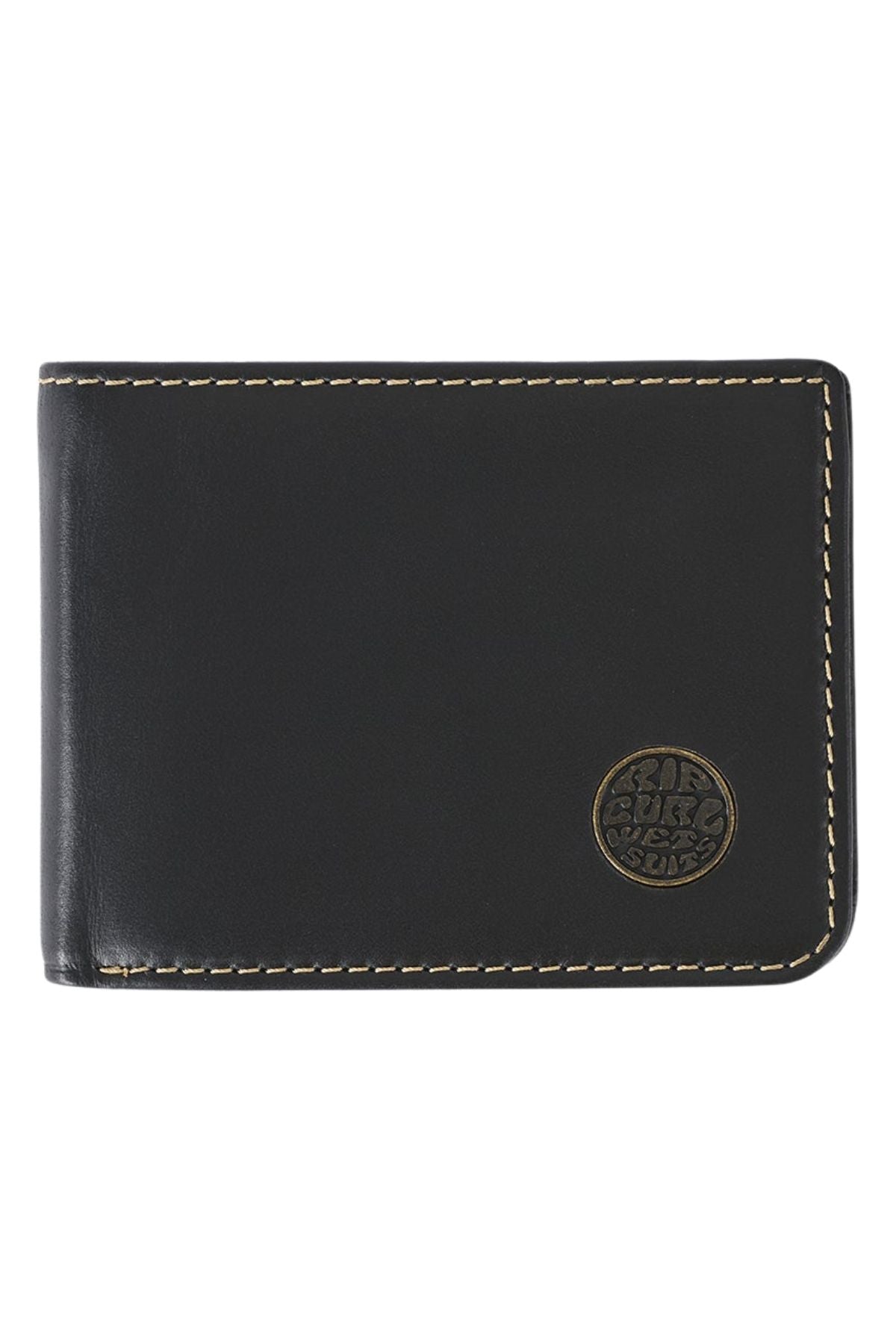 A black Rip Curl Wetsuit Logo RFID All Day Wallet featuring beige edge stitching and a round embossed logo on the bottom right corner.