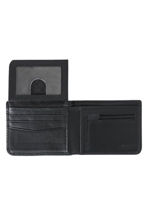 The Rip Curl Wetsuit Logo RFID All Day Wallet features black leather, multiple card slots, a transparent ID window, zippered coin pocket, and bill section. It’s organized, functional, and perfect for daily use.