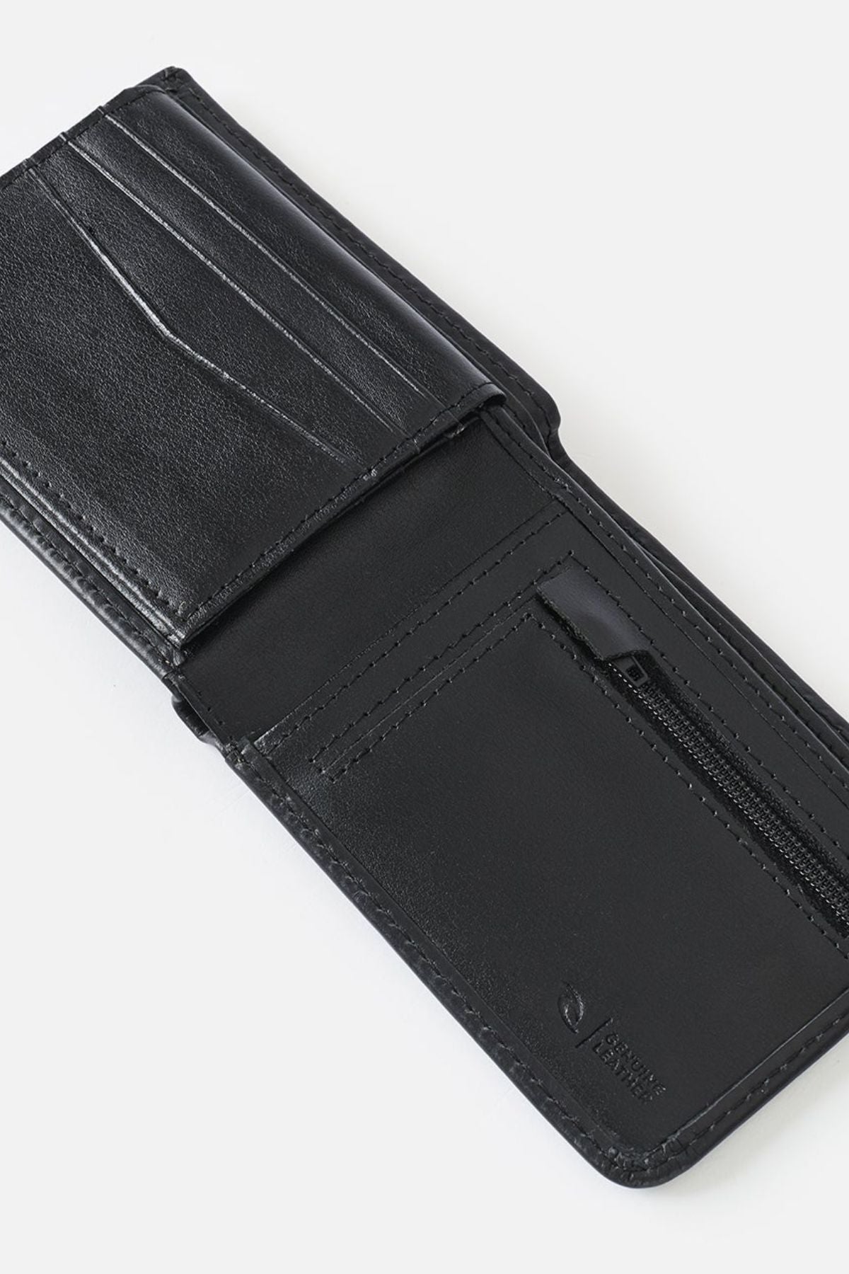 A Rip Curl Wetsuit Logo RFID All Day Wallet in black leather is open on a white background, revealing card slots, a zippered pocket, and detailed stitching.