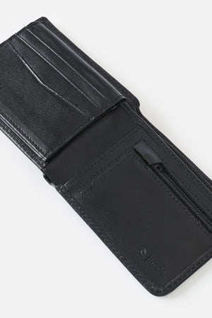 A Rip Curl Wetsuit Logo RFID All Day Wallet in black leather is open on a white background, revealing card slots, a zippered pocket, and detailed stitching.