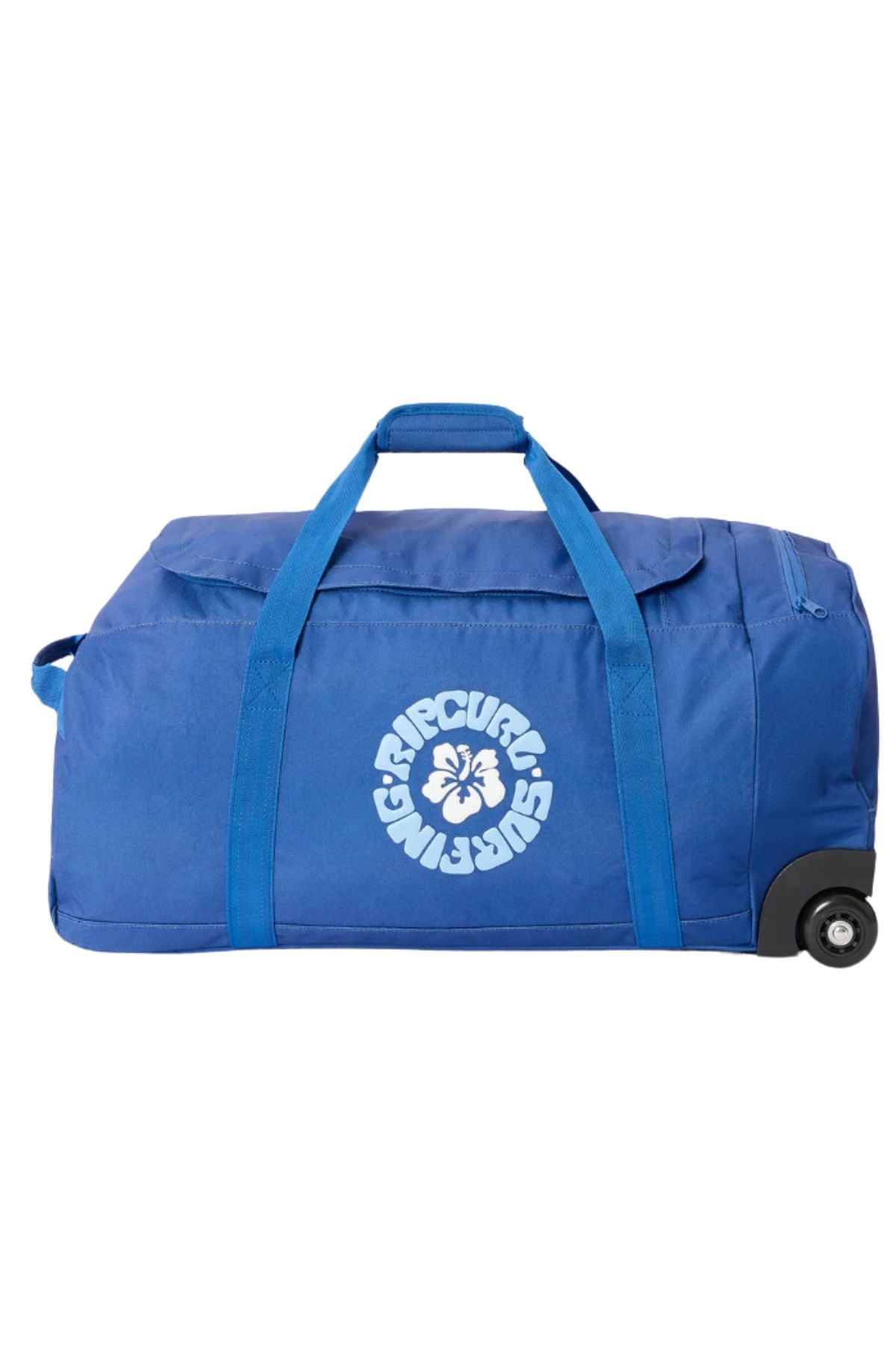 The Rip Curl Jupiter 80L Mixed Travel Bag is a large blue wheeled bag with two handles, a zipper, and a white "Ripcurl Surf Series" logo with a hibiscus flower—ideal for your next adventure.