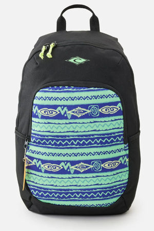 The Rip Curl Ozone Cool 30L Backpack is black, made from recycled polyester, with a front pocket in blue and green tribal pattern, yellow zipper pulls, and a white logo—ideal for school.