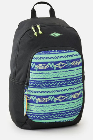 The Rip Curl Ozone Cool 30L Backpack is a black school bag made from recycled polyester, featuring blue and green tribal patterns on the front pocket, yellow zipper pulls, a top shoulder strap, and a circular logo above the pocket.