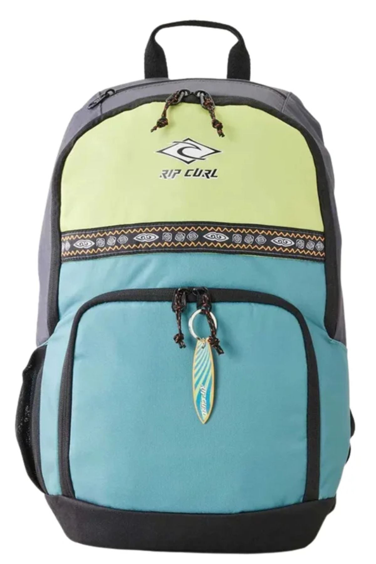 The Rip Curl Ozone Cool 30L Backpack is a multicolored recycled polyester school bag with a light green top, turquoise bottom, black zippers with decorative pulls, geometric accent, and a convenient front pocket.