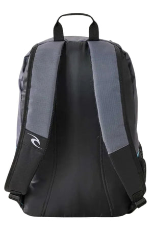 The Rip Curl Ozone Cool 30L Backpack, shown from the back in black and gray recycled polyester, features padded shoulder straps, a top handle, and a small white logo—ideal as a stylish school bag.