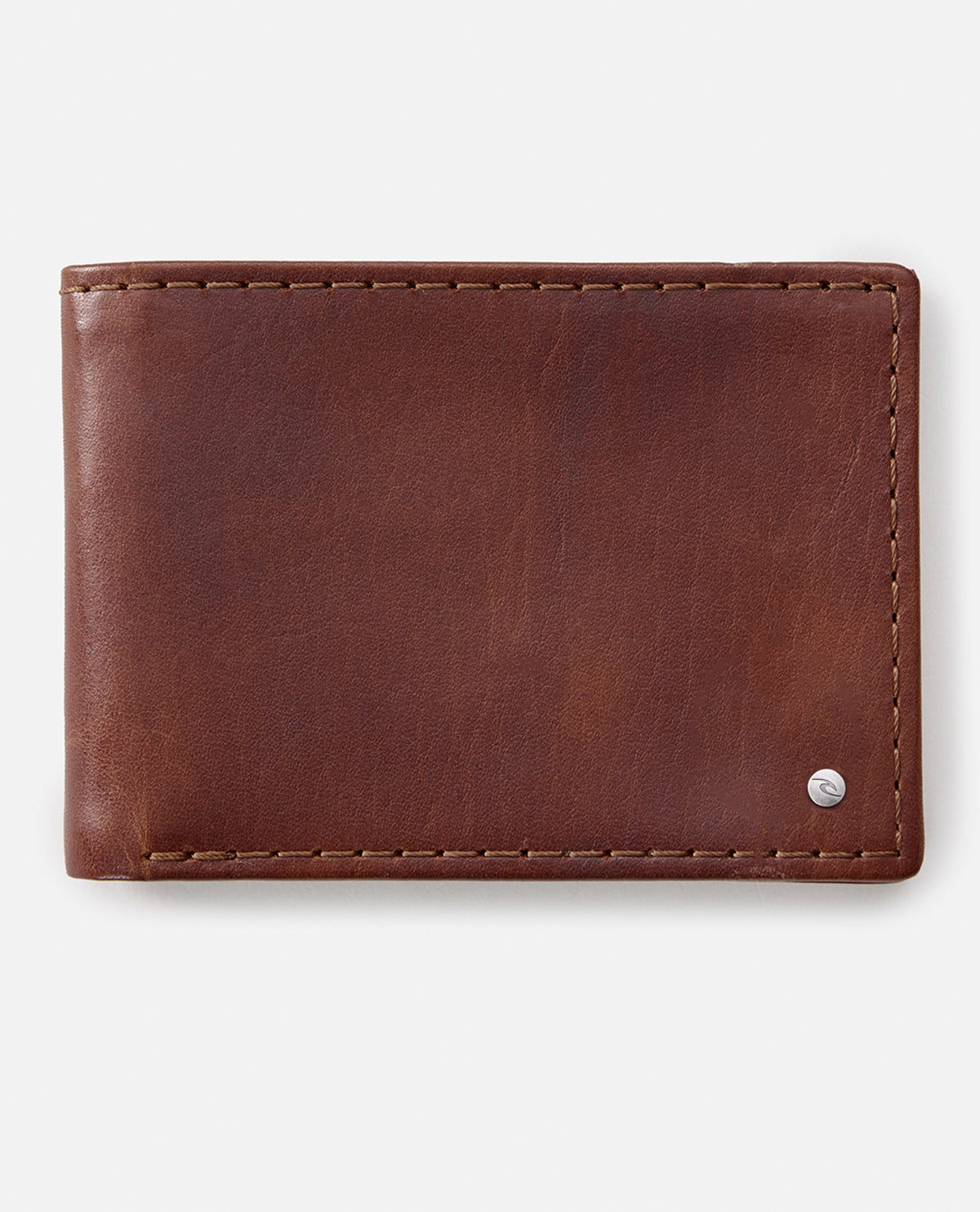 The Rip Curl Stark Snap RFID Slim is a brown leather wallet with visible edge stitching and a small silver circular emblem in the bottom right corner, displayed on a plain white background.