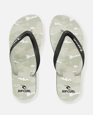 The Rip Curl Flow Camo Bloom Thongs feature ergonomic molded straps and a light green camouflage footbed, shown side by side on a white background.