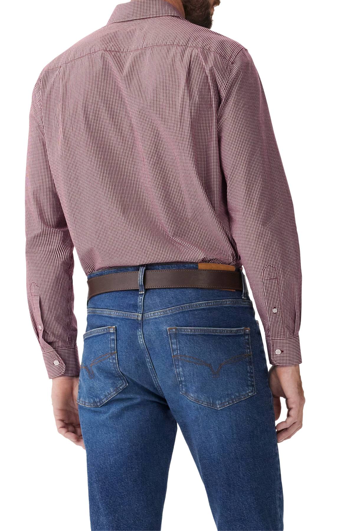 A man shown from the back wears a long-sleeve RM Williams Classic Shirt in red and white micro gingham organic cotton, tucked into blue jeans with a brown belt.