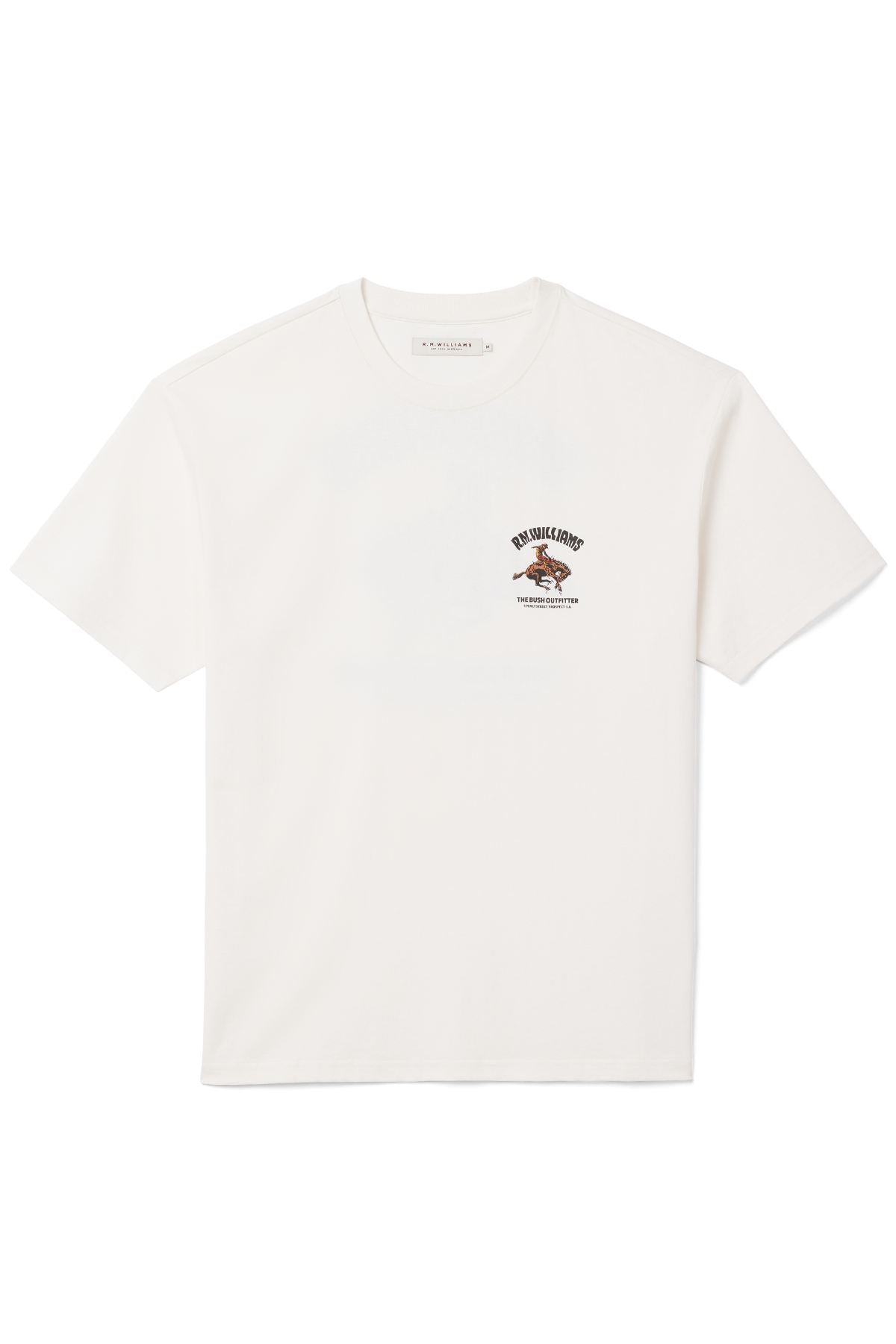 RM Williams Cloudbuster T-Shirt: White short-sleeve tee in soft organic cotton jersey with a small Cloudbuster motif and brown and black text on the left chest, shown laid flat on a white background.