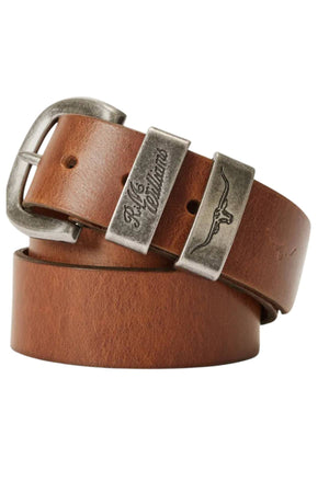 The RM Williams Drover Belt is a brown premium leather belt with an antique silver buckle and two silver loops—one engraved "R.M. Williams," the other featuring a longhorn logo.