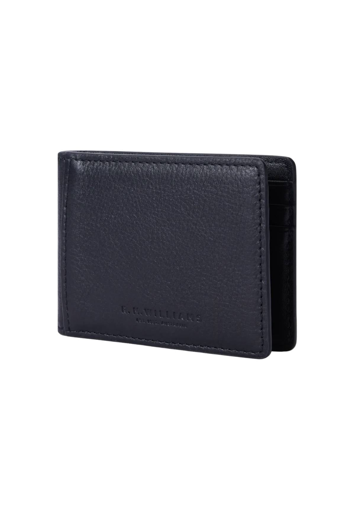 The RM Williams Farrier Bi Fold Wallet is a black full grain leather men’s wallet with visible stitching and a subtle embossed logo on the front, shown slightly open against a white background.