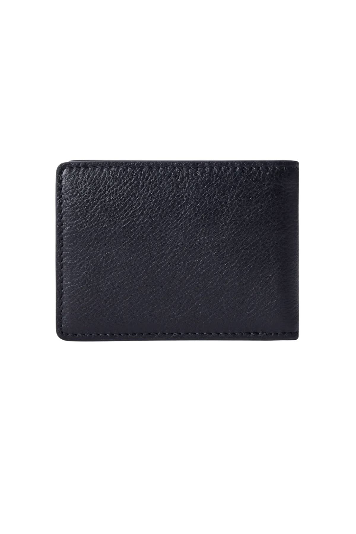 The RM Williams Farrier Bi Fold Wallet, crafted from full grain textured black leather, is shown closed against a white background—a modern men’s accessory designed for everyday use.