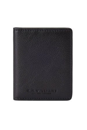 The RM Williams Farrier Fold Cardholder is a black full-grain leather wallet with a textured surface and the R.M.Williams logo embossed near the bottom on the front.
