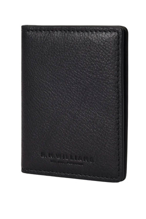 The RM Williams Farrier Fold Cardholder, crafted from black full-grain leather, stands upright with a subtle embossed R.M.Williams logo near the bottom on a plain white background.