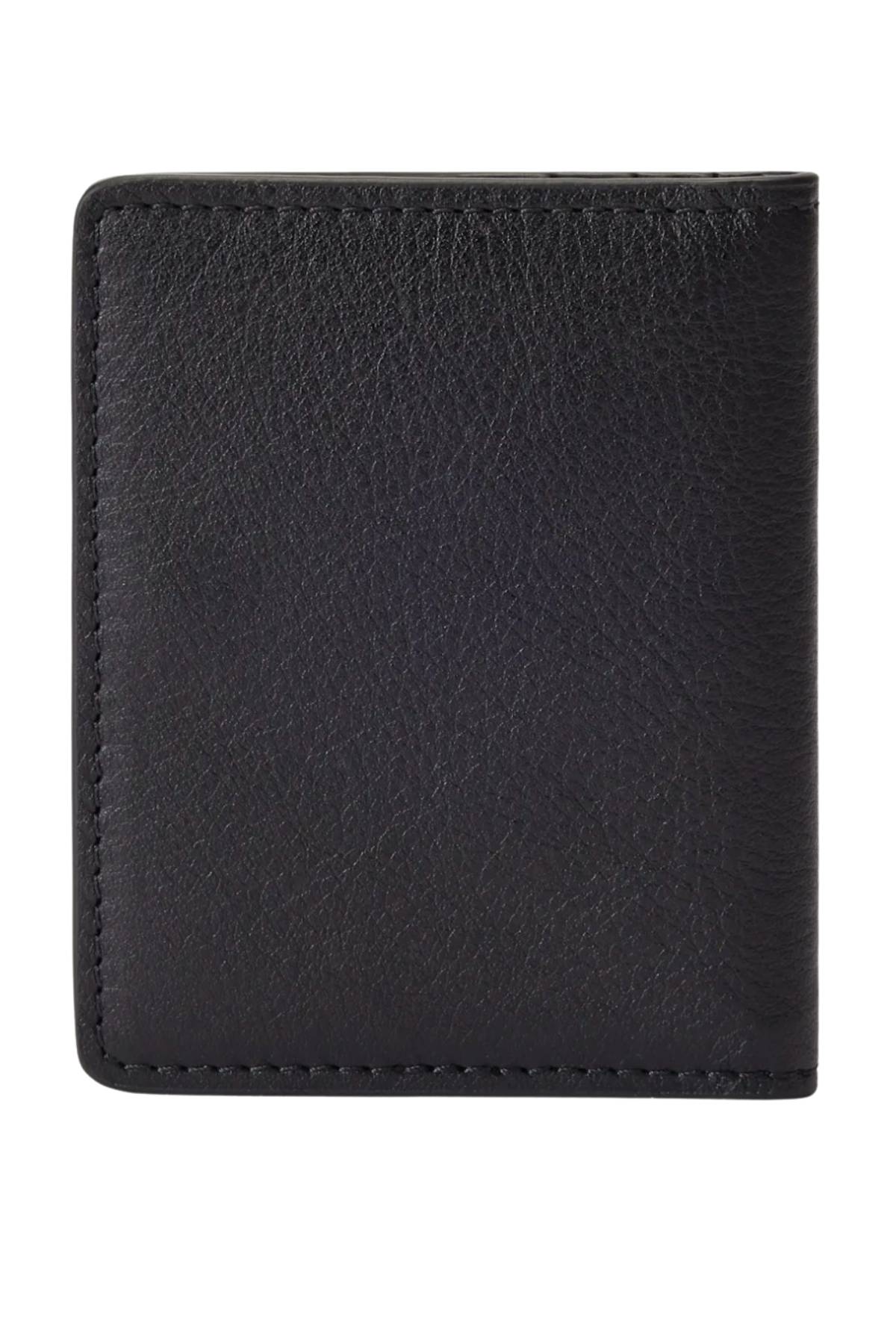 The RM Williams Farrier Fold Cardholder is a black, closed cardholder made from full-grain leather with visible edge stitching, displayed against a white background.