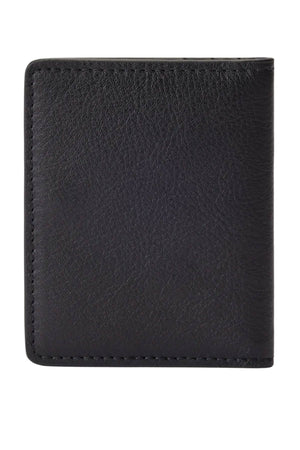 The RM Williams Farrier Fold Cardholder is a black, closed cardholder made from full-grain leather with visible edge stitching, displayed against a white background.