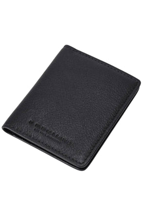 The RM Williams Farrier Fold Cardholder is shown closed and angled on a white background. It features black full-grain textured leather with a subtly embossed R.M.Williams logo in the lower corner.