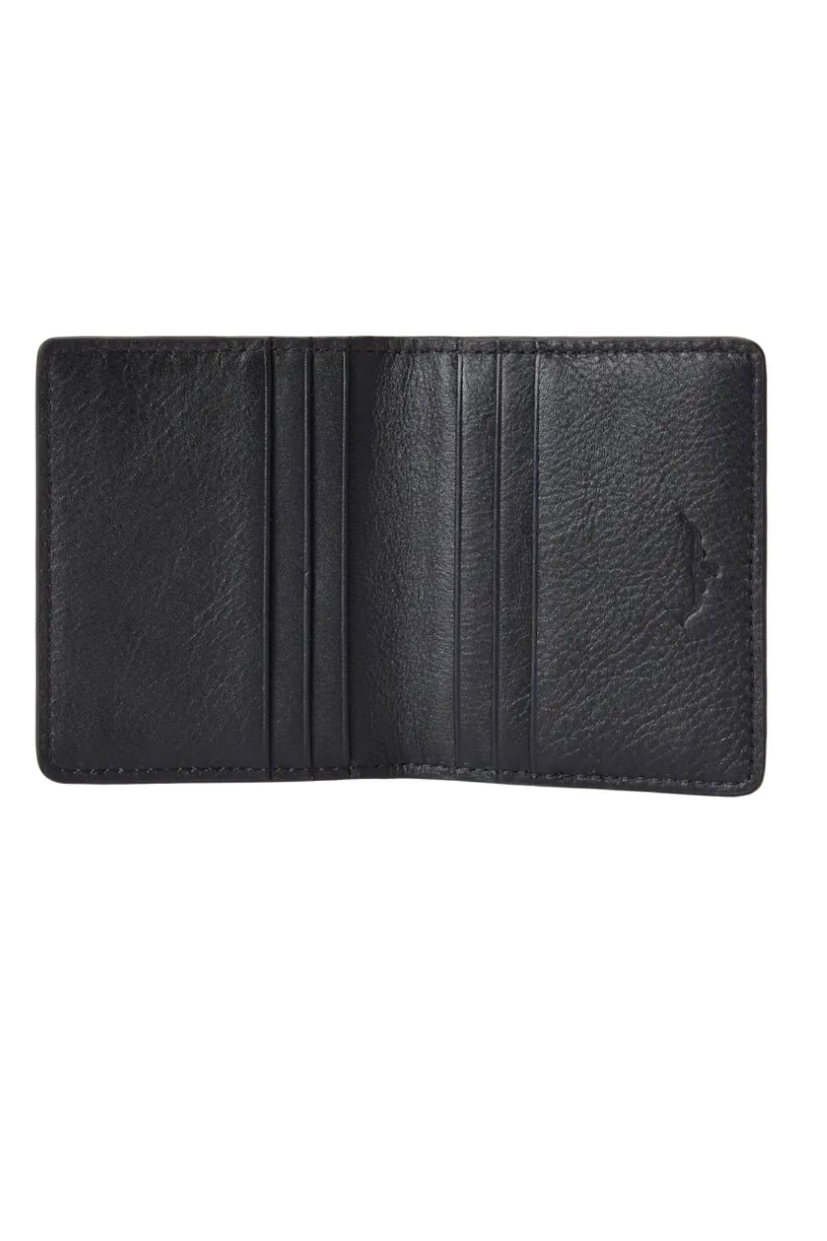 The RM Williams Farrier Fold Cardholder is an open black full-grain leather wallet with multiple card slots on both sides, displayed against a white background.