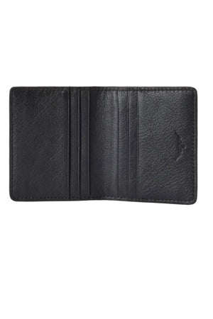 The RM Williams Farrier Fold Cardholder is an open black full-grain leather wallet with multiple card slots on both sides, displayed against a white background.