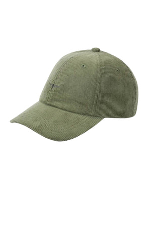 The RM Williams Mini Longhorn Cord Cap is a light olive green organic cotton corduroy baseball cap with a curved brim, embroidered mini Longhorn logo, six ventilation eyelets, and an adjustable strap for a perfect fit.