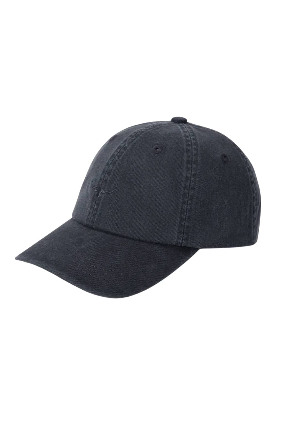The RM Williams Mini Longhorn Twill Cap is a black organic cotton baseball cap with visible stitching, a curved brim, ventilation eyelets, and an adjustable strap, shown against a white background.