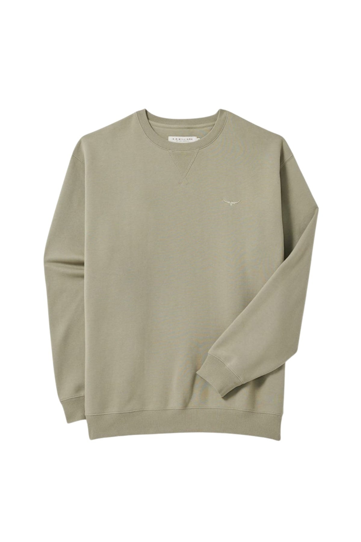 The RM Williams Mini Longhorn Sweatshirt is a light olive green organic cotton crewneck with long sleeves, ribbed cuffs and hem, and a small white embroidered logo on the left chest. Laid flat on a white background.