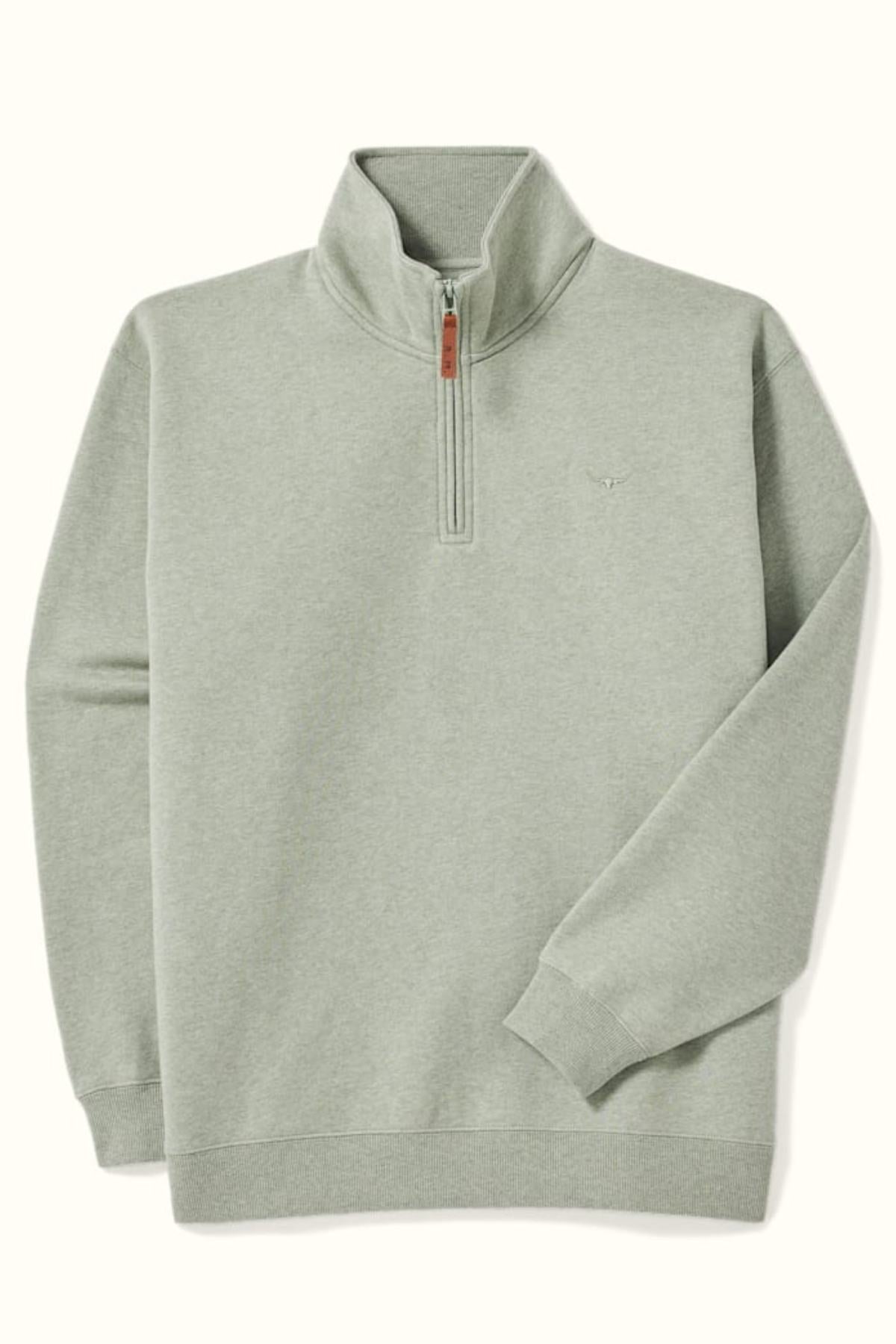 The RM Williams Mulyungarie Fleece is a light gray quarter-zip pullover in an organic cotton blend, with a high collar, ribbed cuffs and hem, leather zipper pull tab, and small Longhorn embroidery on the left chest.