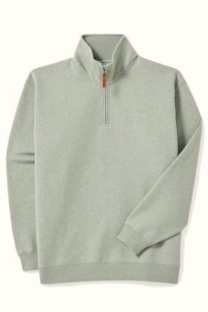 The RM Williams Mulyungarie Fleece is a light gray quarter-zip pullover in an organic cotton blend, with a high collar, ribbed cuffs and hem, leather zipper pull tab, and small Longhorn embroidery on the left chest.