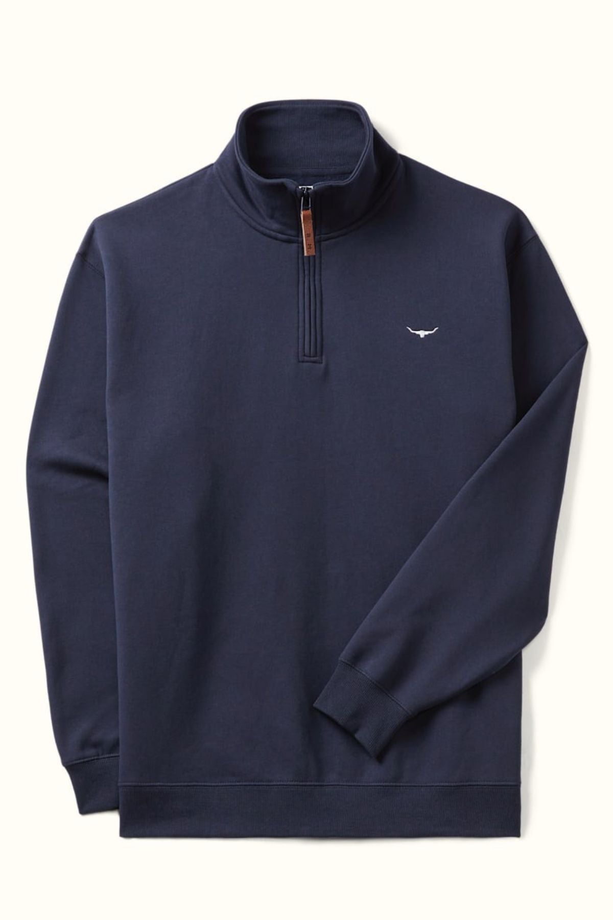 The RM Williams Mulyungarie Fleece is a navy blue quarter-zip pullover in organic cotton, featuring a white longhorn logo on the left chest, standing collar with leather zip pull tab, and ribbed cuffs and hem.