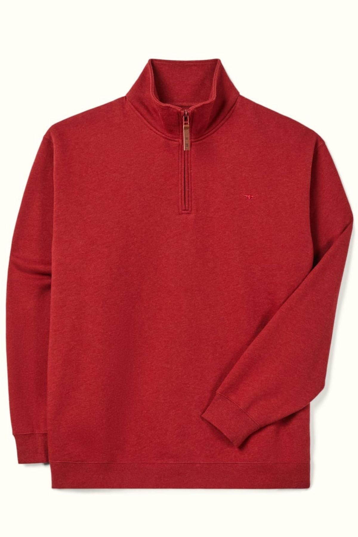 The RM Williams Mulyungarie Fleece is a red, long-sleeve organic cotton quarter zip pullover with a stand-up collar and small embroidered logo on the left chest, displayed flat on a light background.