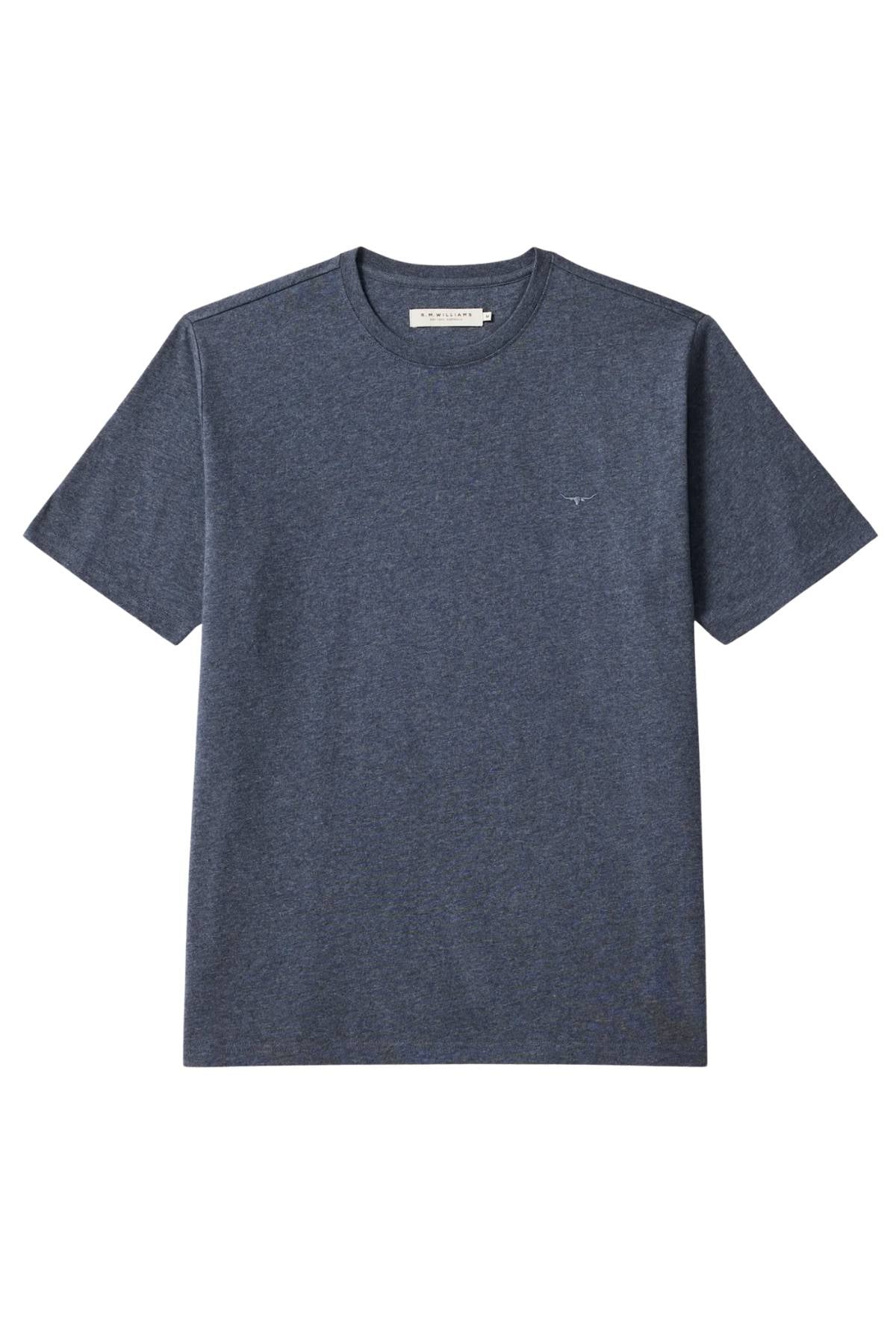 The RM Williams Parson T-Shirt, a short-sleeved crew neck in dark heathered blue organic cotton, is shown laid flat on a white background.