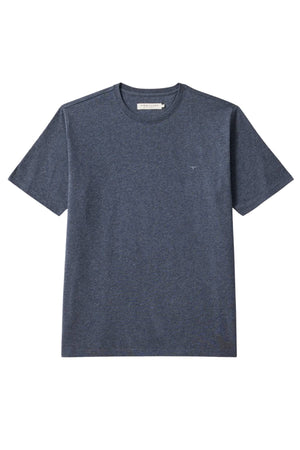 The RM Williams Parson T-Shirt, a short-sleeved crew neck in dark heathered blue organic cotton, is shown laid flat on a white background.