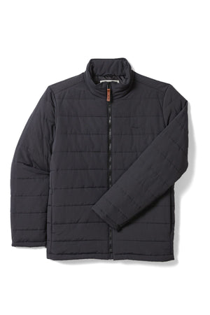 The RM Williams Patterson Creek Jacket is a black, quilted jacket made from recycled nylon with long sleeves, a front zipper, stand-up collar, and horizontal stitching, shown flat on a white background.
