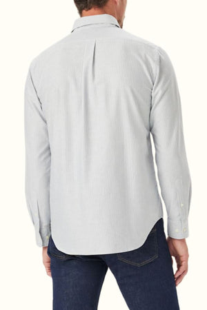 A man is shown from the back wearing the RM Williams Regular Oxford Stripe Shirt in light blue and white stripes with a button-down collar, paired with dark blue jeans, against a plain light background.