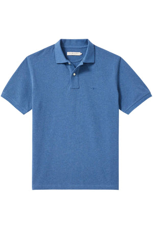 The RM Williams Rod Polo is a plain blue short-sleeve shirt made from organic cotton, featuring a collar, two neck buttons, and subtle Longhorn embroidery, shown on a white background.