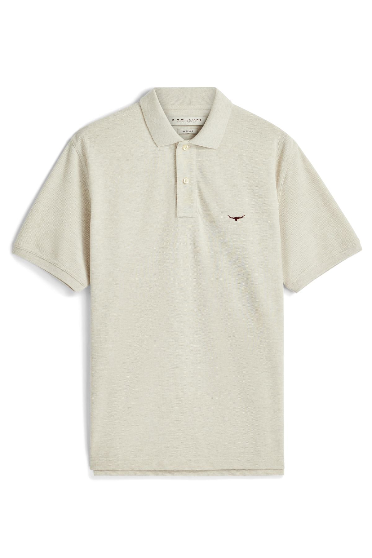 The RM Williams Rod Polo is a beige, short-sleeve classic polo shirt featuring a collar, three-button placket, and a small embroidered red logo on the left chest. Crafted from premium Australian cotton, it is displayed laid flat on a white background.